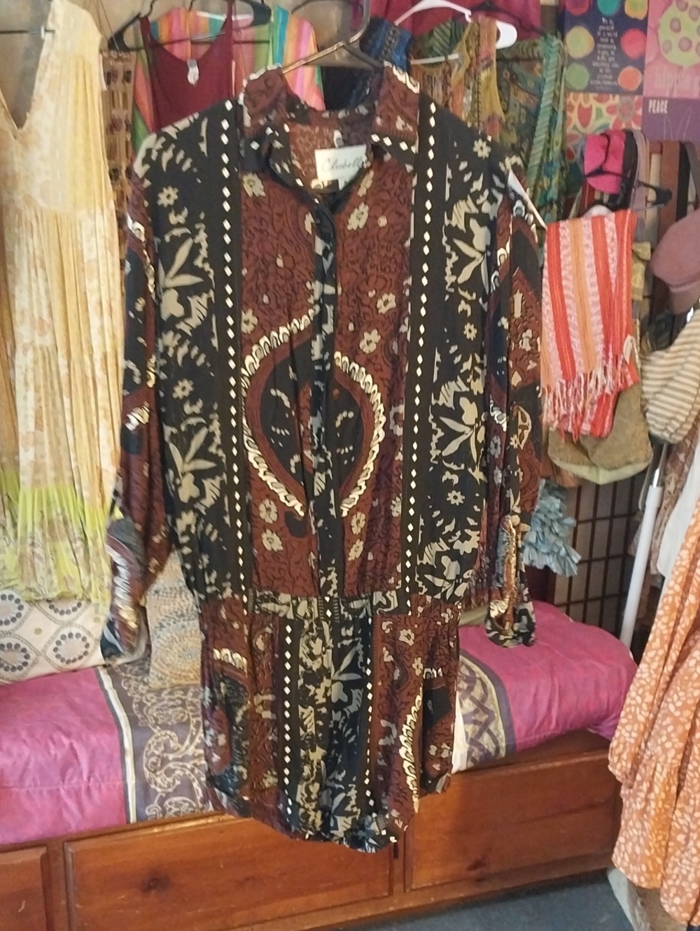 Cleobella Burgundy and Black Sheer Long-Sleeve Romper